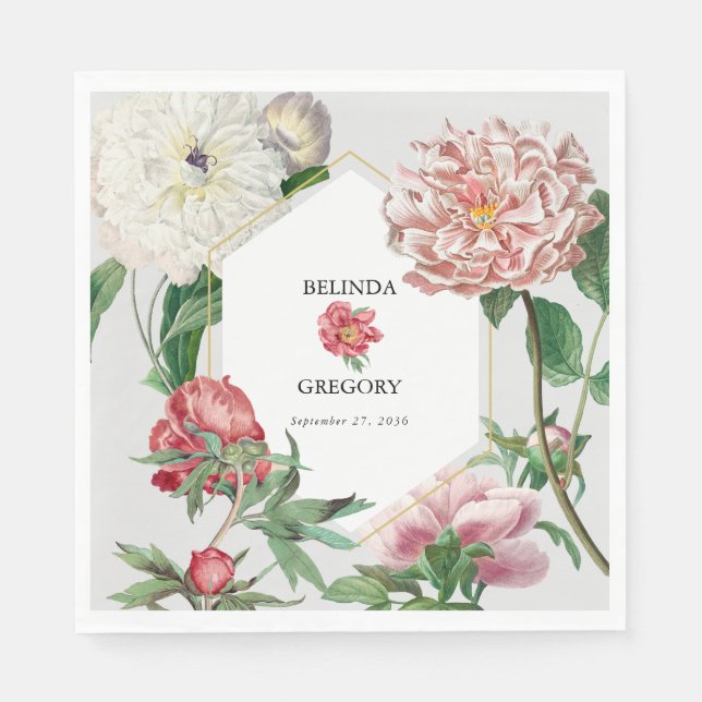 Watercolor Pink White Peonies Flowers Wedding Napkin (Front)
