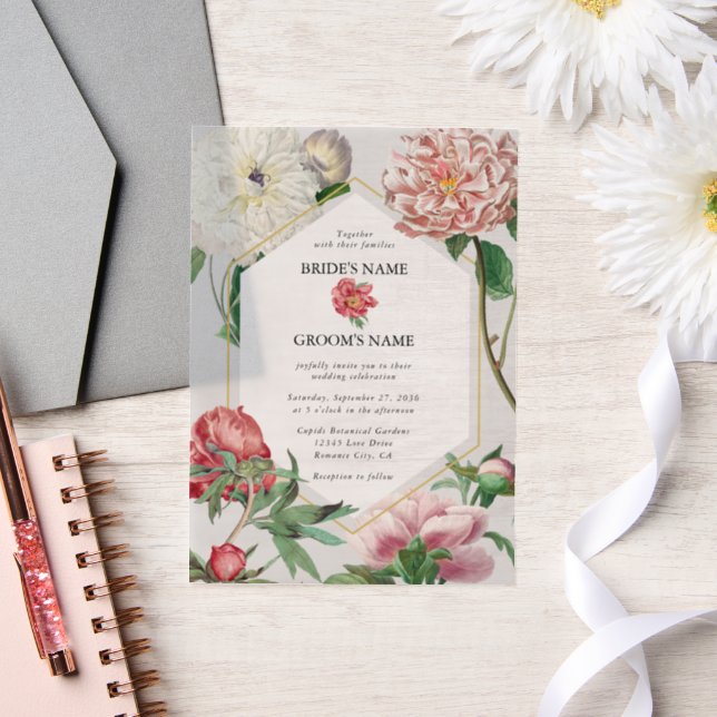 Watercolor Pink White Peonies Flowers Wedding Vellum Invitations (Wedding)