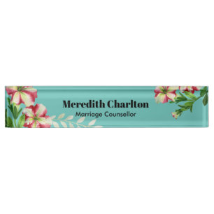Watercolor Pink White Petunia Turquoise Background Nameplate