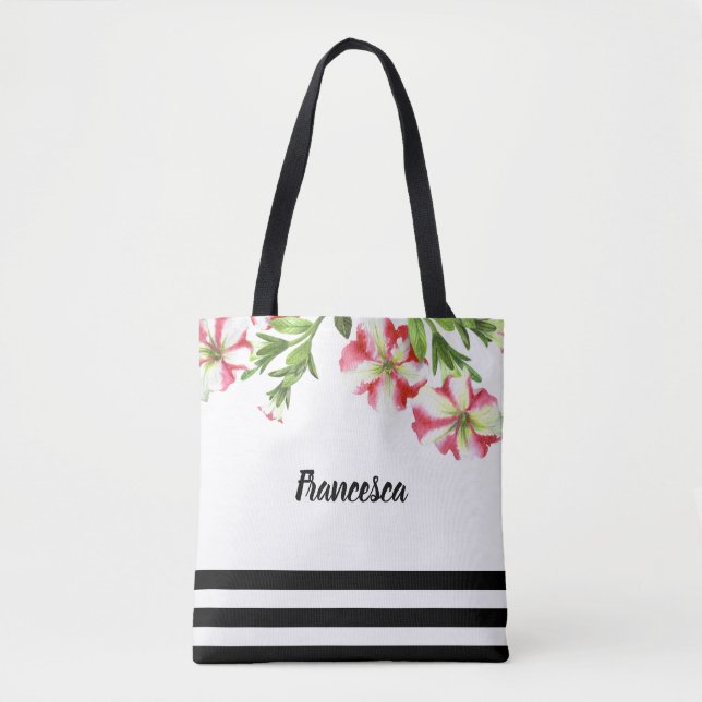 Watercolor Pink White Petunias Floral Design Tote Bag (Front)
