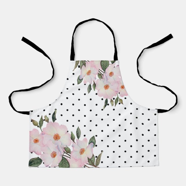 Watercolor Pink White Roses Black White Polka Dots Apron (Front)