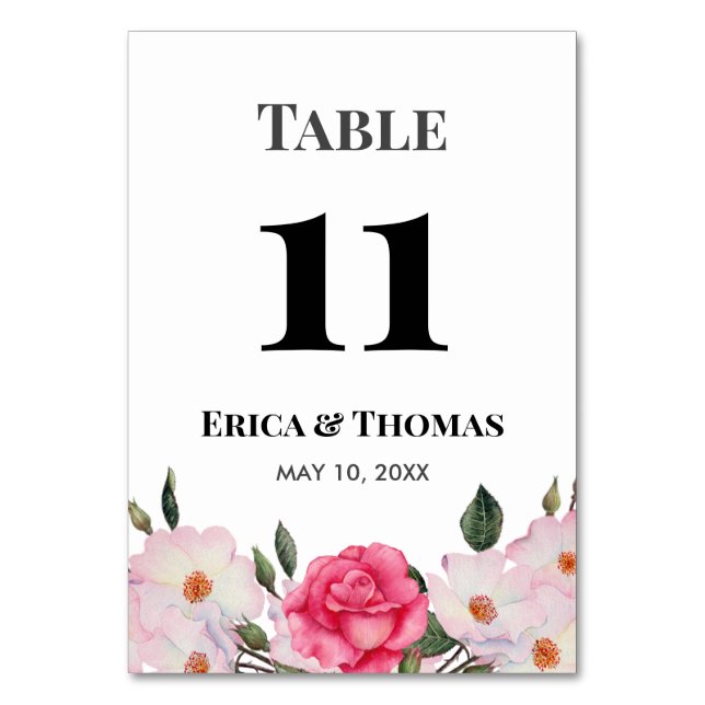 Watercolor Pink White Roses Wedding Table Number (Front)
