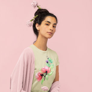 Watercolor Pink Wild Roses Purple Wild Flowers  T-Shirt