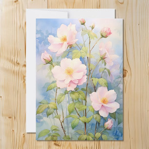 Watercolor Pink Wild Roses Set Against a Blue Sky  Holiday Card
