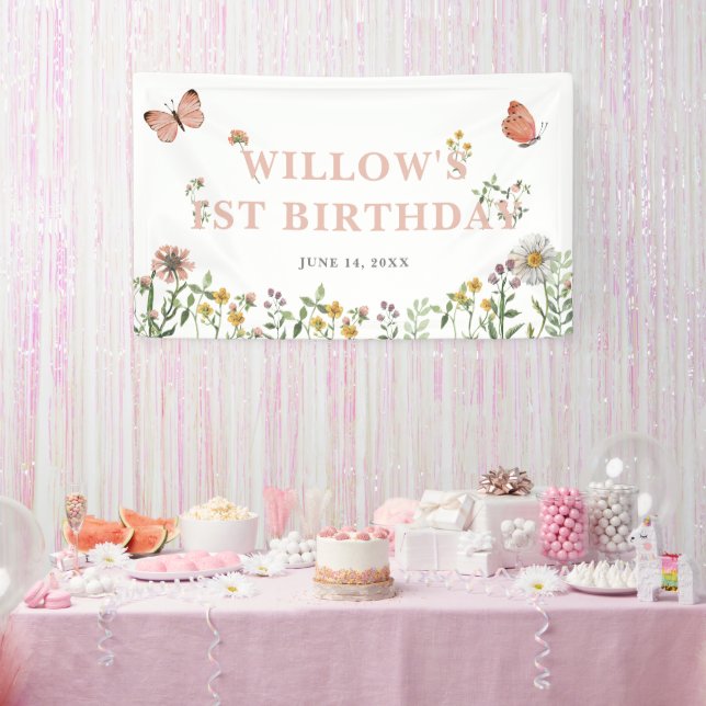 Watercolor Pink Wildflower 1st Birthday  Banner (Party)