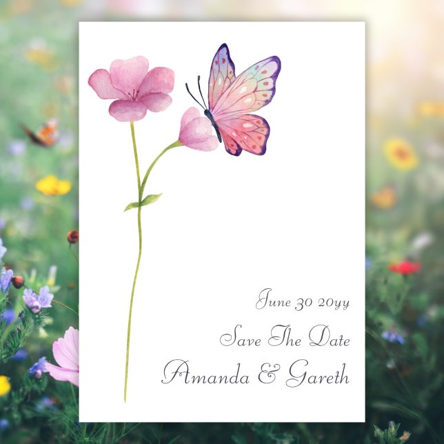 Watercolor Pink Wildflower Butterfly Save The Date Invitation (Creator Uploaded)