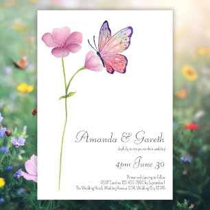 Watercolor Pink Wildflower Butterfly Wedding Invitation