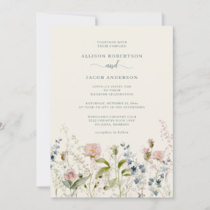 Watercolor Pink Wildflower Floral Blue Wedding Invitation