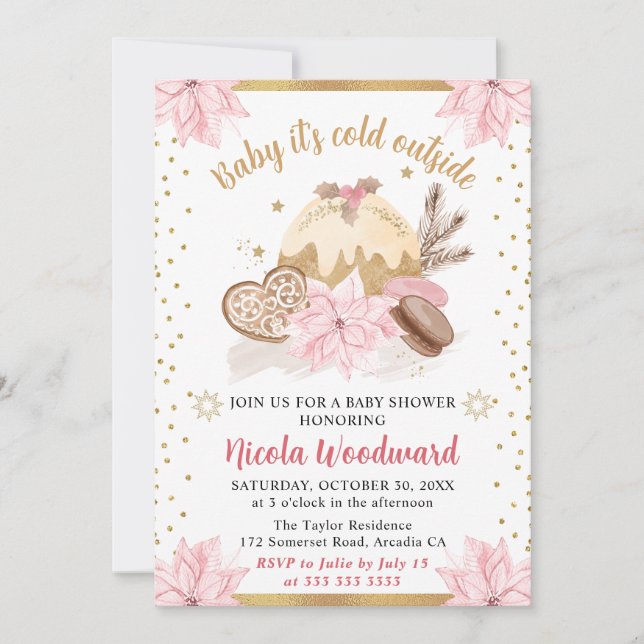 Watercolor Pink Winter Cakes & Cookies Baby Shower Invitation (Front)