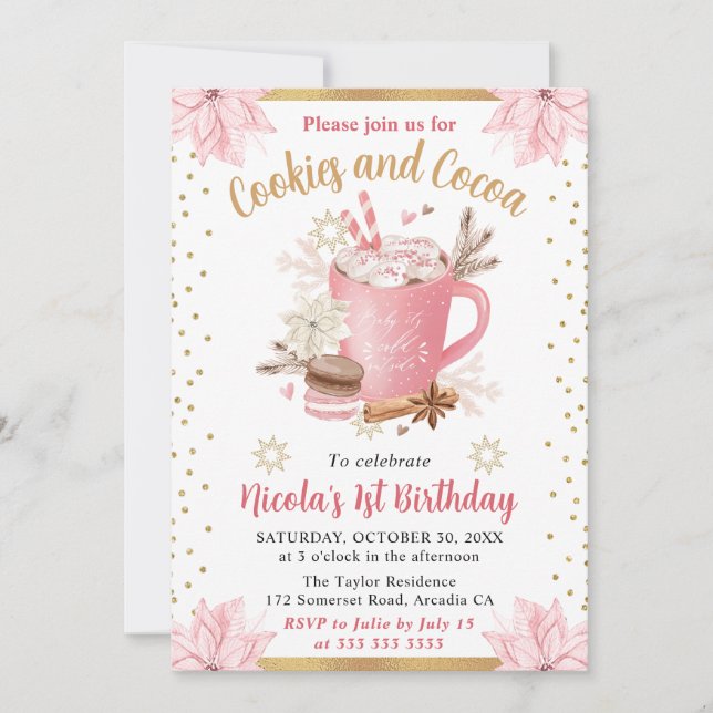 Watercolor Pink Winter Cookies and Cocoa Birthday Invitation (Front)