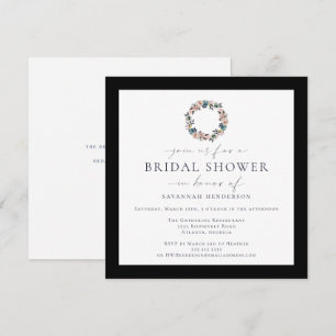 Watercolor Pink Wreath Black Border Bridal Shower Invitation