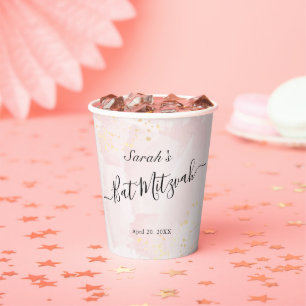 Watercolor Pink x Gold Bat Mitzvah Paper Cups