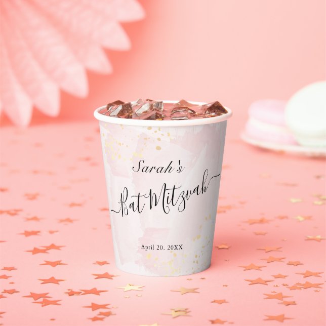 Watercolor Pink x Gold Bat Mitzvah Paper Cups (Insitu)