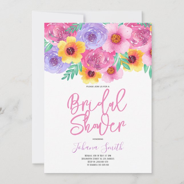 Watercolor Pink Yellow Floral Bridal Shower  Invitation (Front)
