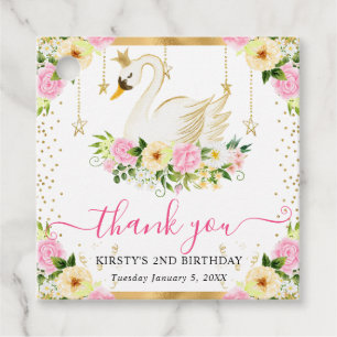 Watercolor Pink Yellow Flowers Swan Birthday Favour Tags