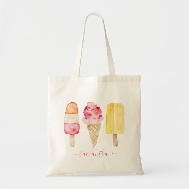 Watercolor Pink Yellow Popsicle Ice Cream Tote Bag (Front)