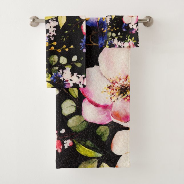 Watercolor Pink Yellow Roses Black Background Bath Towel Set (Insitu)