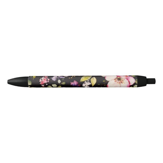 Watercolor Pink Yellow Roses Black Background Black Ink Pen (Front)