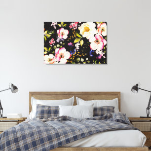 Watercolor Pink Yellow Roses Black Background Canvas Print