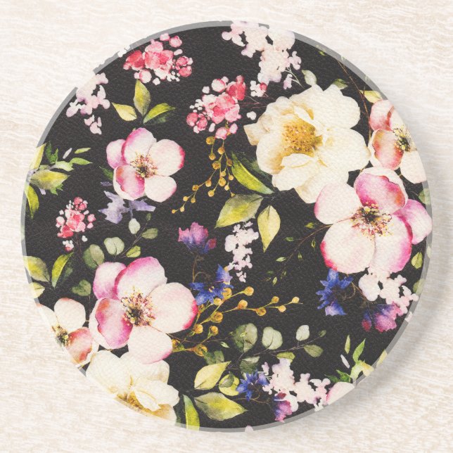 Watercolor Pink Yellow Roses Black Background Coaster (Front)