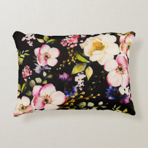 Watercolor Pink Yellow Roses Black Background Decorative Cushion