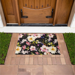Watercolor Pink Yellow Roses Black Background Doormat