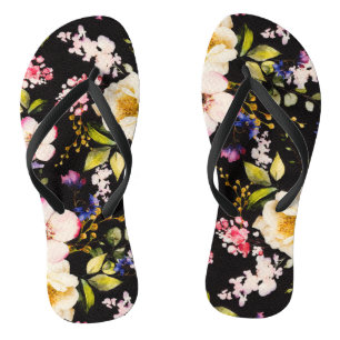 Watercolor Pink Yellow Roses Black Background Flip Flops