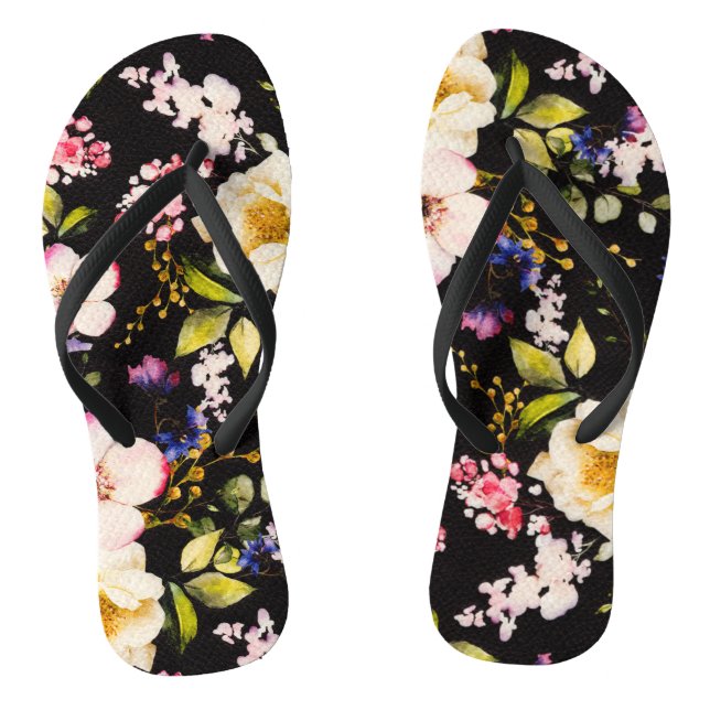 Watercolor Pink Yellow Roses Black Background Flip Flops (Footbed)