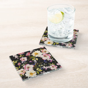 Watercolor Pink Yellow Roses Black Background Glass Coaster