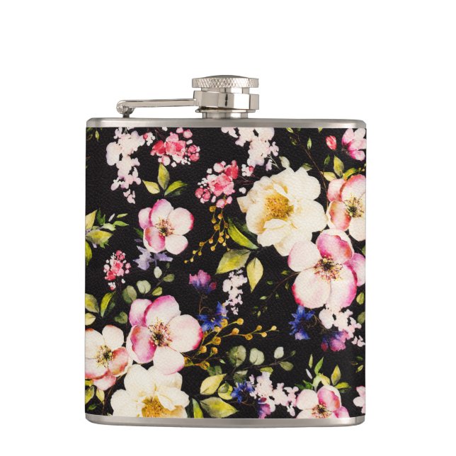 Watercolor Pink Yellow Roses Black Background Hip Flask (Front)