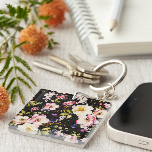Watercolor Pink Yellow Roses Black Background Key Ring