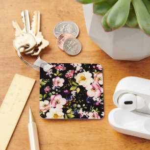Watercolor Pink Yellow Roses Black Background Key Ring