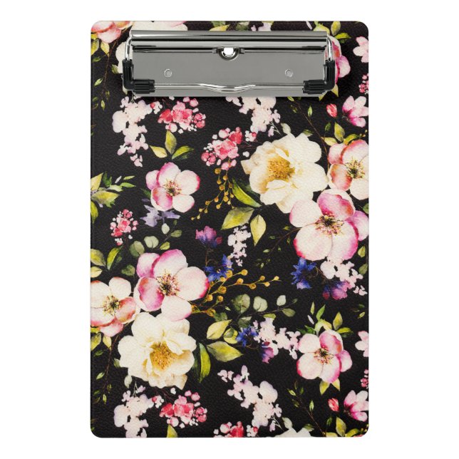 Watercolor Pink Yellow Roses Black Background Mini Clipboard (Front)