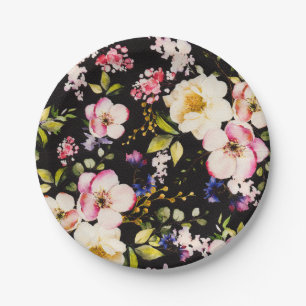 Watercolor Pink Yellow Roses Black Background Paper Plate