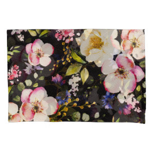 Watercolor Pink Yellow Roses Black Background Pillowcase