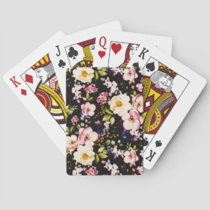 Watercolor Pink Yellow Roses Black Background Playing Cards