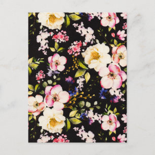 Watercolor Pink Yellow Roses Black Background Postcard