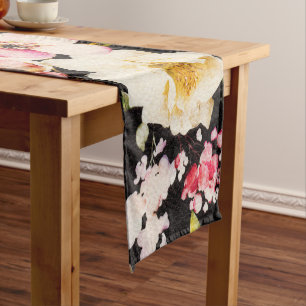 Watercolor Pink Yellow Roses Black Background Short Table Runner