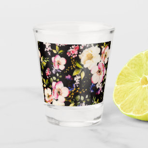 Watercolor Pink Yellow Roses Black Background Shot Glass