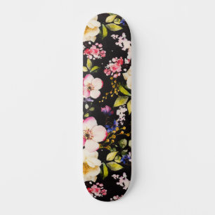 Watercolor Pink Yellow Roses Black Background Skateboard