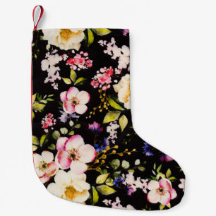 Watercolor Pink Yellow Roses Black Background Small Christmas Stocking