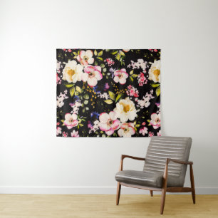 Watercolor Pink Yellow Roses Black Background Tapestry