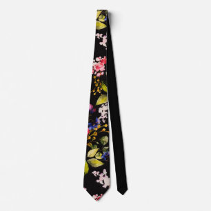 Watercolor Pink Yellow Roses Black Background Tie