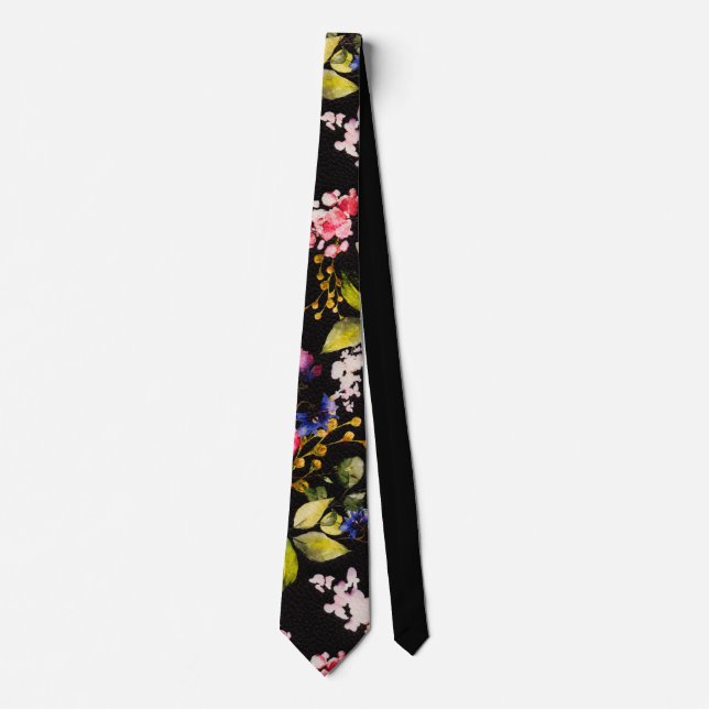 Watercolor Pink Yellow Roses Black Background Tie (Front)