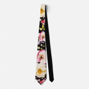 Watercolor Pink Yellow Roses Black Background Tie