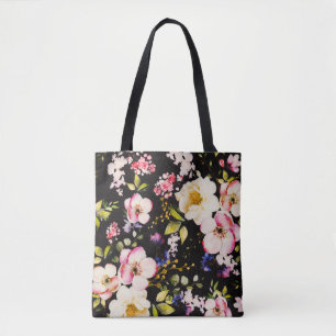 Watercolor Pink Yellow Roses Black Background Tote Bag
