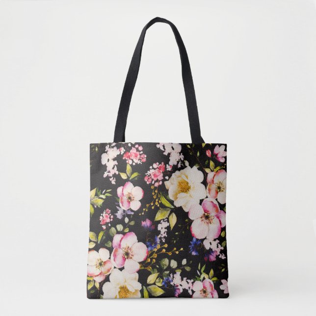 Watercolor Pink Yellow Roses Black Background Tote Bag (Front)