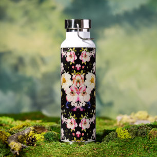 Watercolor Pink Yellow Roses Black Background Water Bottle