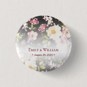 Watercolor Pink Yellow Roses,black blurred,Wedding 3 Cm Round Badge