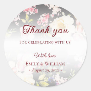 Watercolor Pink Yellow Roses,black blurred,Wedding Classic Round Sticker